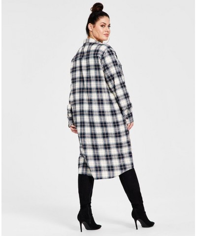 Trendy Plus Size Cotton Plaid Duster Shirt Navy Plaid $26.50 Tops