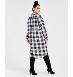 Trendy Plus Size Cotton Plaid Duster Shirt Navy Plaid $26.50 Tops