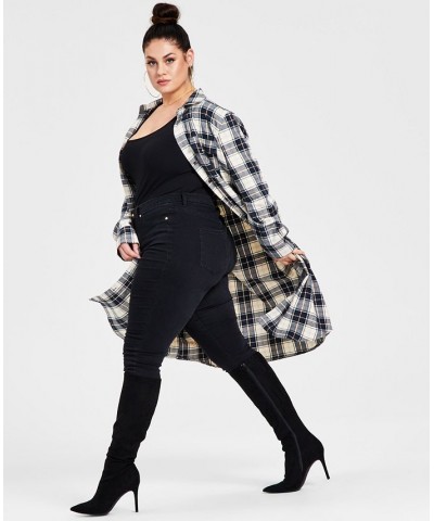 Trendy Plus Size Cotton Plaid Duster Shirt Navy Plaid $26.50 Tops