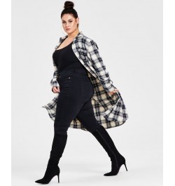 Trendy Plus Size Cotton Plaid Duster Shirt Navy Plaid $26.50 Tops