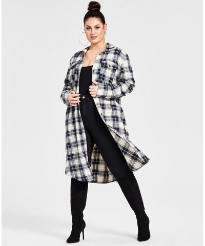 Trendy Plus Size Cotton Plaid Duster Shirt Navy Plaid $26.50 Tops