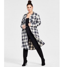 Trendy Plus Size Cotton Plaid Duster Shirt Navy Plaid $26.50 Tops