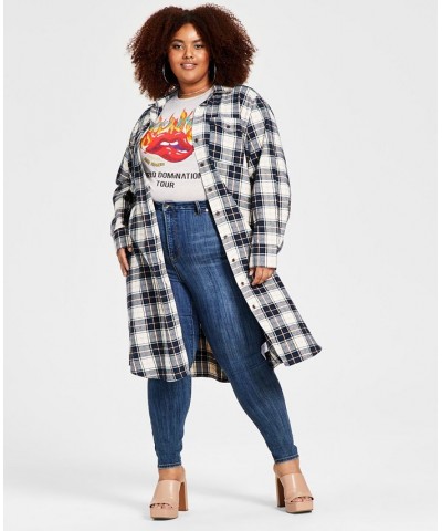 Trendy Plus Size Cotton Plaid Duster Shirt Navy Plaid $26.50 Tops