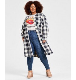 Trendy Plus Size Cotton Plaid Duster Shirt Navy Plaid $26.50 Tops