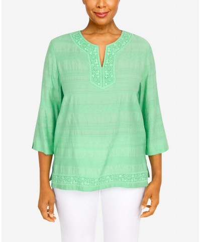 Women's Lace Texture Split Neck Top Palm Green $36.51 Tops