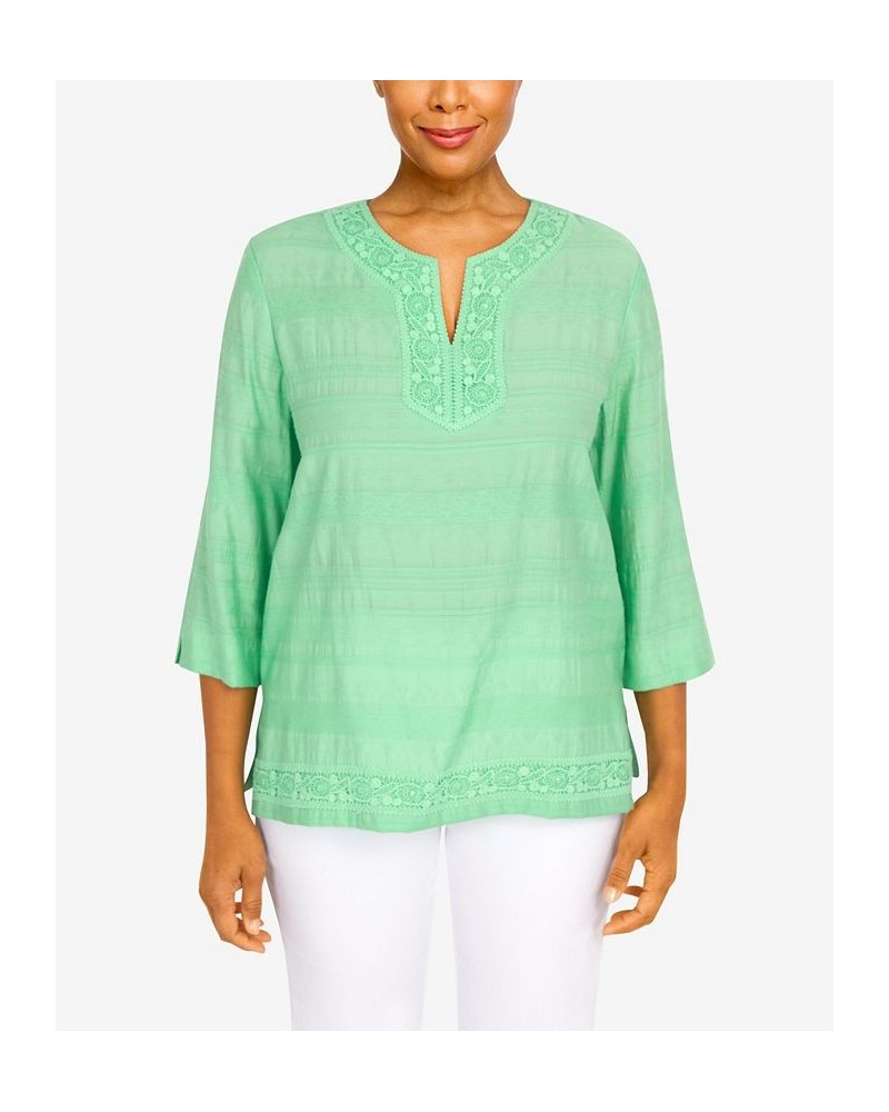 Women's Lace Texture Split Neck Top Palm Green $36.51 Tops