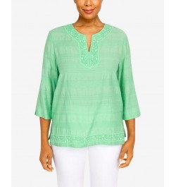 Women's Lace Texture Split Neck Top Palm Green $36.51 Tops