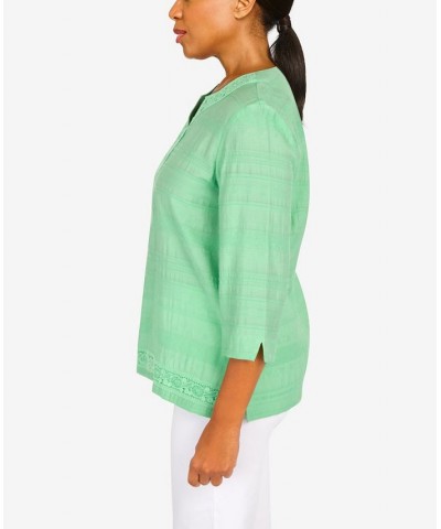 Women's Lace Texture Split Neck Top Palm Green $36.51 Tops