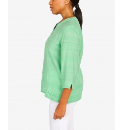 Women's Lace Texture Split Neck Top Palm Green $36.51 Tops