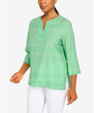 Women's Lace Texture Split Neck Top Palm Green $36.51 Tops