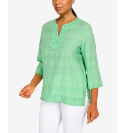 Women's Lace Texture Split Neck Top Palm Green $36.51 Tops