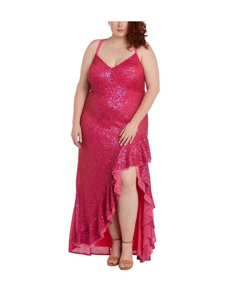 Trendy Plus Size Sequin Ruffled High-Low Gown Pink $65.91 Dresses