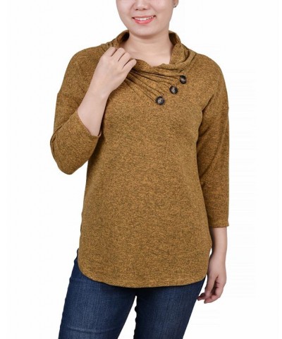 Women's 3/4 Sleeve Crossover Cowl Neck Top Yellow $13.44 Tops