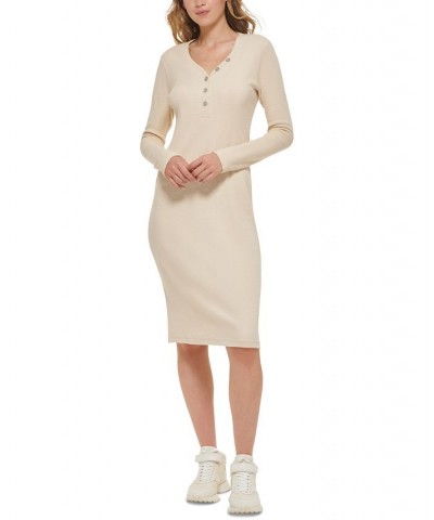 Women's Henley-Neckline Long-Sleeve Ribbed Dress Tan/Beige $37.48 Dresses