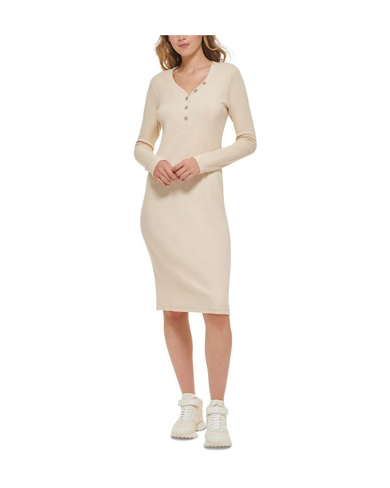 Women's Henley-Neckline Long-Sleeve Ribbed Dress Tan/Beige $37.48 Dresses