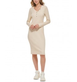 Women's Henley-Neckline Long-Sleeve Ribbed Dress Tan/Beige $37.48 Dresses