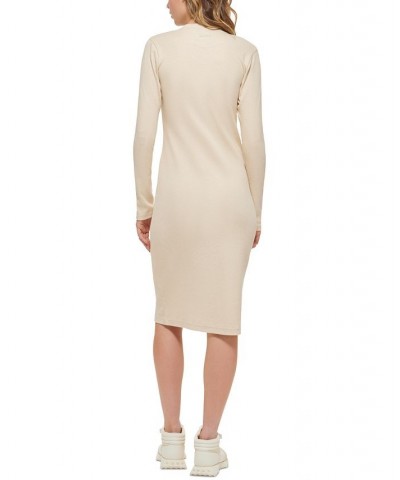 Women's Henley-Neckline Long-Sleeve Ribbed Dress Tan/Beige $37.48 Dresses