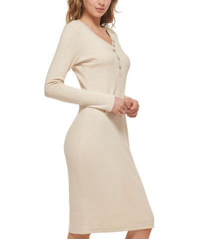 Women's Henley-Neckline Long-Sleeve Ribbed Dress Tan/Beige $37.48 Dresses