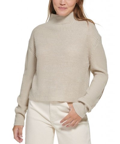 Women's Patched Mock Neck Sweater Brown $25.39 Sweaters