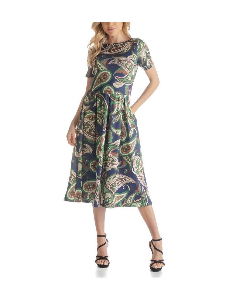 Women's Short Sleeve Fit Flare Pocket Midi Dress Green Multi $49.67 Dresses