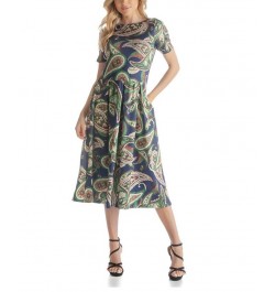 Women's Short Sleeve Fit Flare Pocket Midi Dress Green Multi $49.67 Dresses