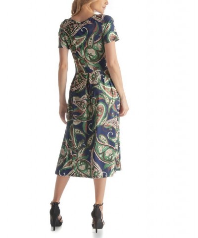 Women's Short Sleeve Fit Flare Pocket Midi Dress Green Multi $49.67 Dresses