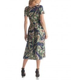 Women's Short Sleeve Fit Flare Pocket Midi Dress Green Multi $49.67 Dresses