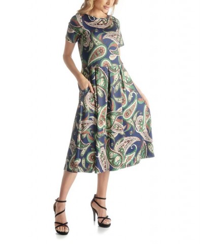 Women's Short Sleeve Fit Flare Pocket Midi Dress Green Multi $49.67 Dresses