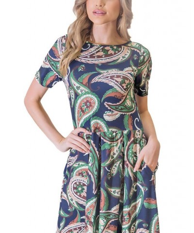 Women's Short Sleeve Fit Flare Pocket Midi Dress Green Multi $49.67 Dresses