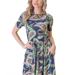 Women's Short Sleeve Fit Flare Pocket Midi Dress Green Multi $49.67 Dresses