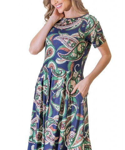 Women's Short Sleeve Fit Flare Pocket Midi Dress Green Multi $49.67 Dresses