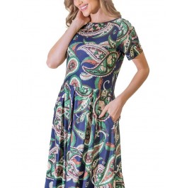 Women's Short Sleeve Fit Flare Pocket Midi Dress Green Multi $49.67 Dresses