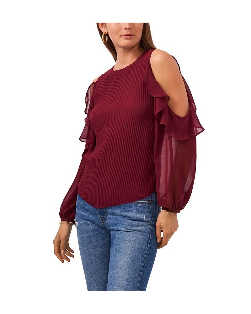 Women's Ruffle Pleat Cold Shoulder Long Sleeve Blouse Windsor Wine $45.54 Tops