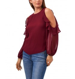 Women's Ruffle Pleat Cold Shoulder Long Sleeve Blouse Windsor Wine $45.54 Tops