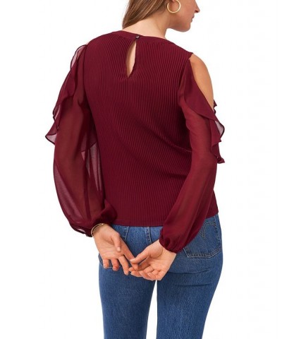 Women's Ruffle Pleat Cold Shoulder Long Sleeve Blouse Windsor Wine $45.54 Tops