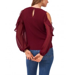 Women's Ruffle Pleat Cold Shoulder Long Sleeve Blouse Windsor Wine $45.54 Tops