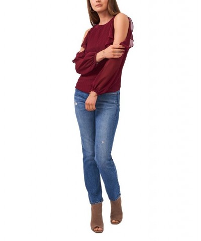 Women's Ruffle Pleat Cold Shoulder Long Sleeve Blouse Windsor Wine $45.54 Tops