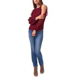 Women's Ruffle Pleat Cold Shoulder Long Sleeve Blouse Windsor Wine $45.54 Tops