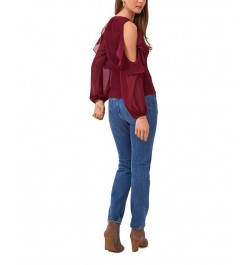 Women's Ruffle Pleat Cold Shoulder Long Sleeve Blouse Windsor Wine $45.54 Tops