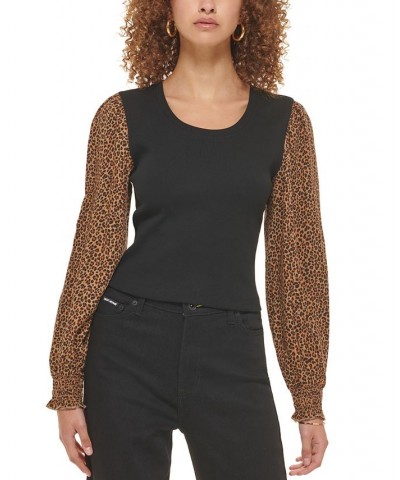 Women's Mixed-Media Printed-Long-Sleeve Top Vicuna Black Multi $28.27 Tops