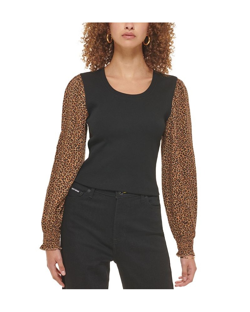 Women's Mixed-Media Printed-Long-Sleeve Top Vicuna Black Multi $28.27 Tops