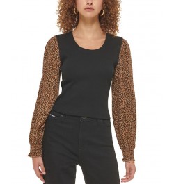 Women's Mixed-Media Printed-Long-Sleeve Top Vicuna Black Multi $28.27 Tops