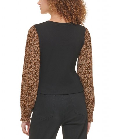 Women's Mixed-Media Printed-Long-Sleeve Top Vicuna Black Multi $28.27 Tops