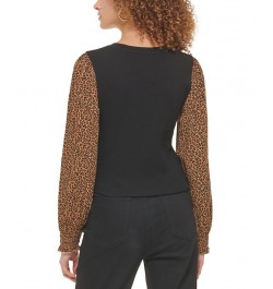 Women's Mixed-Media Printed-Long-Sleeve Top Vicuna Black Multi $28.27 Tops