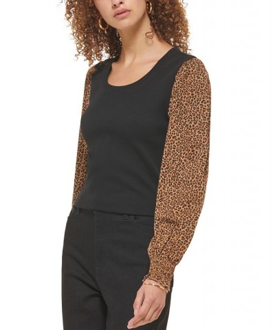 Women's Mixed-Media Printed-Long-Sleeve Top Vicuna Black Multi $28.27 Tops