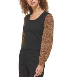 Women's Mixed-Media Printed-Long-Sleeve Top Vicuna Black Multi $28.27 Tops