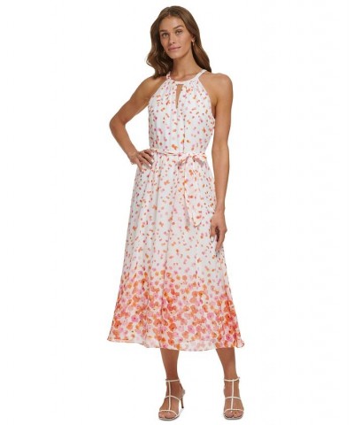 Petite Floral-Print Tie-Waist Sleeveless Halter Midi Dress Ivory/Orange $50.04 Dresses