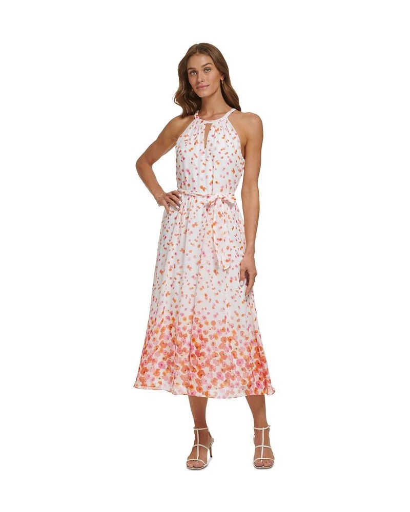 Petite Floral-Print Tie-Waist Sleeveless Halter Midi Dress Ivory/Orange $50.04 Dresses