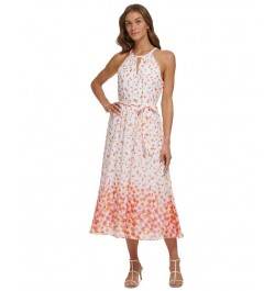 Petite Floral-Print Tie-Waist Sleeveless Halter Midi Dress Ivory/Orange $50.04 Dresses