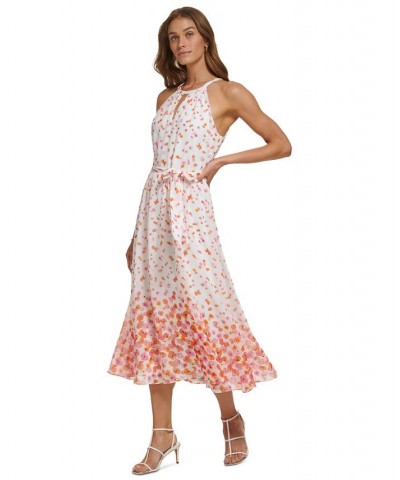 Petite Floral-Print Tie-Waist Sleeveless Halter Midi Dress Ivory/Orange $50.04 Dresses